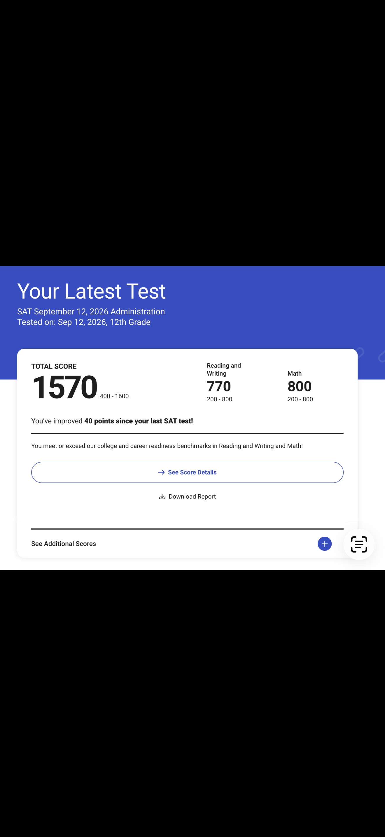 September 12, 2026 SAT score report: 1570 total, 770 Reading and Writing, 800 Math