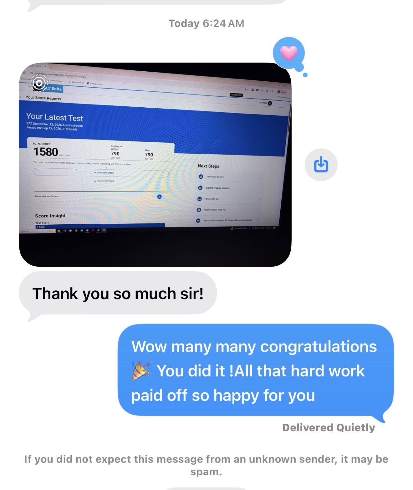 Text messages: a student thanks Vikas Kapoor after scoring 1580 on the September 2026 SAT